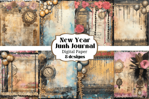 8 New Year Junk Journal Backgrounds for Creative Projects