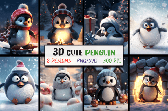 Cute 3D Christmas Backgrounds Penguin: Festive SVG & PNG Design Assets