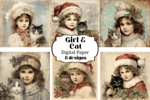 Victorian Christmas Girl Cat Backgrounds: Nostalgic Charm for Modern Crafts